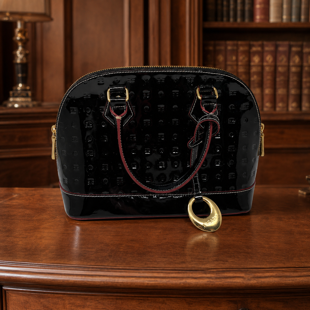 Arcadia Black Engraved Patent Leather Satchel Bag | Double Handle Zip Top Designer Handbag