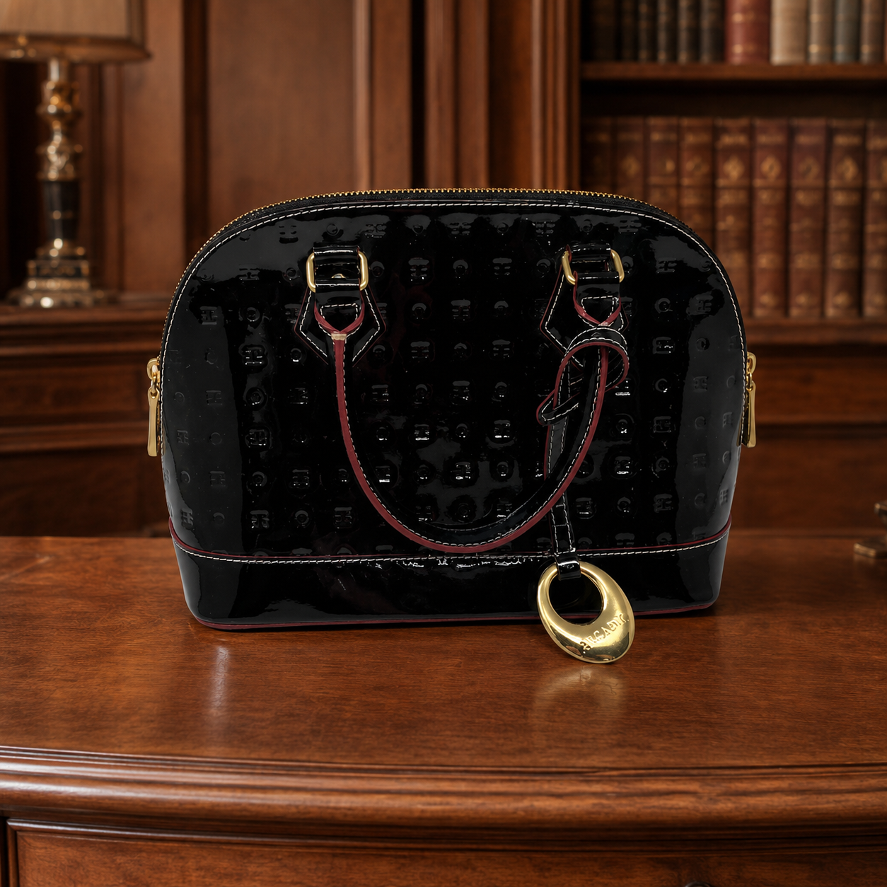 Arcadia Black Engraved Patent Leather Satchel Bag | Double Handle Zip Top Designer Handbag
