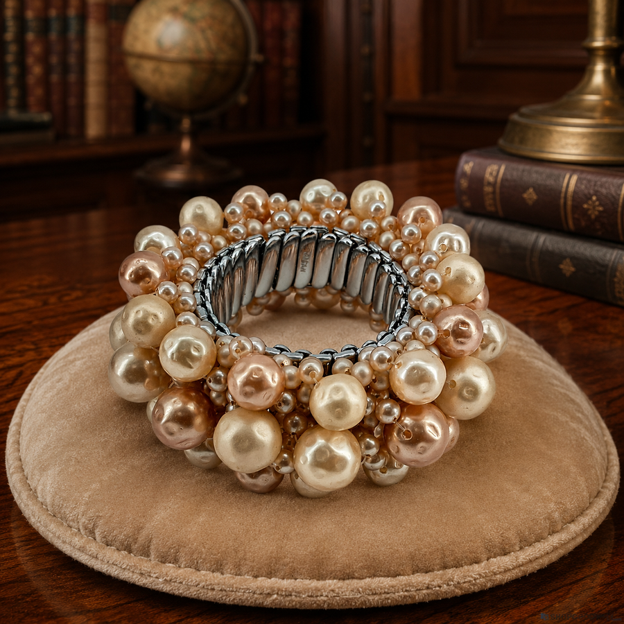1950s–1960s Cream Faux Pearl and Glass Seed Bead Stretch Bracelet, 91.8g