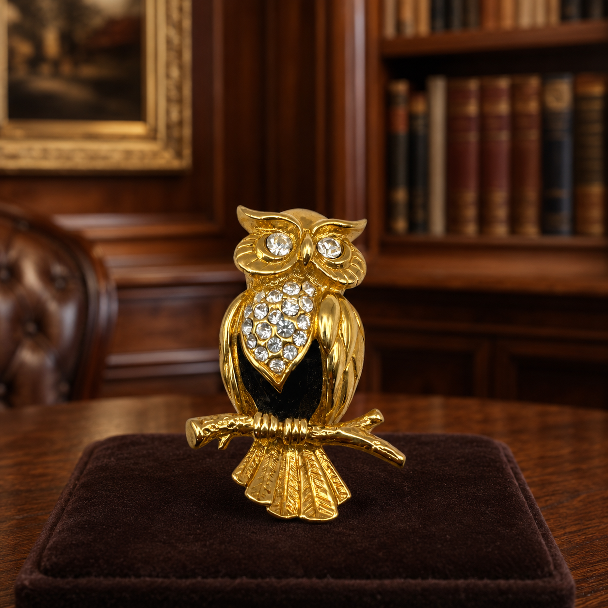 Vintage Swarovski Gold Tone Crystal Owl Brooch Black Enamel Figural Pin