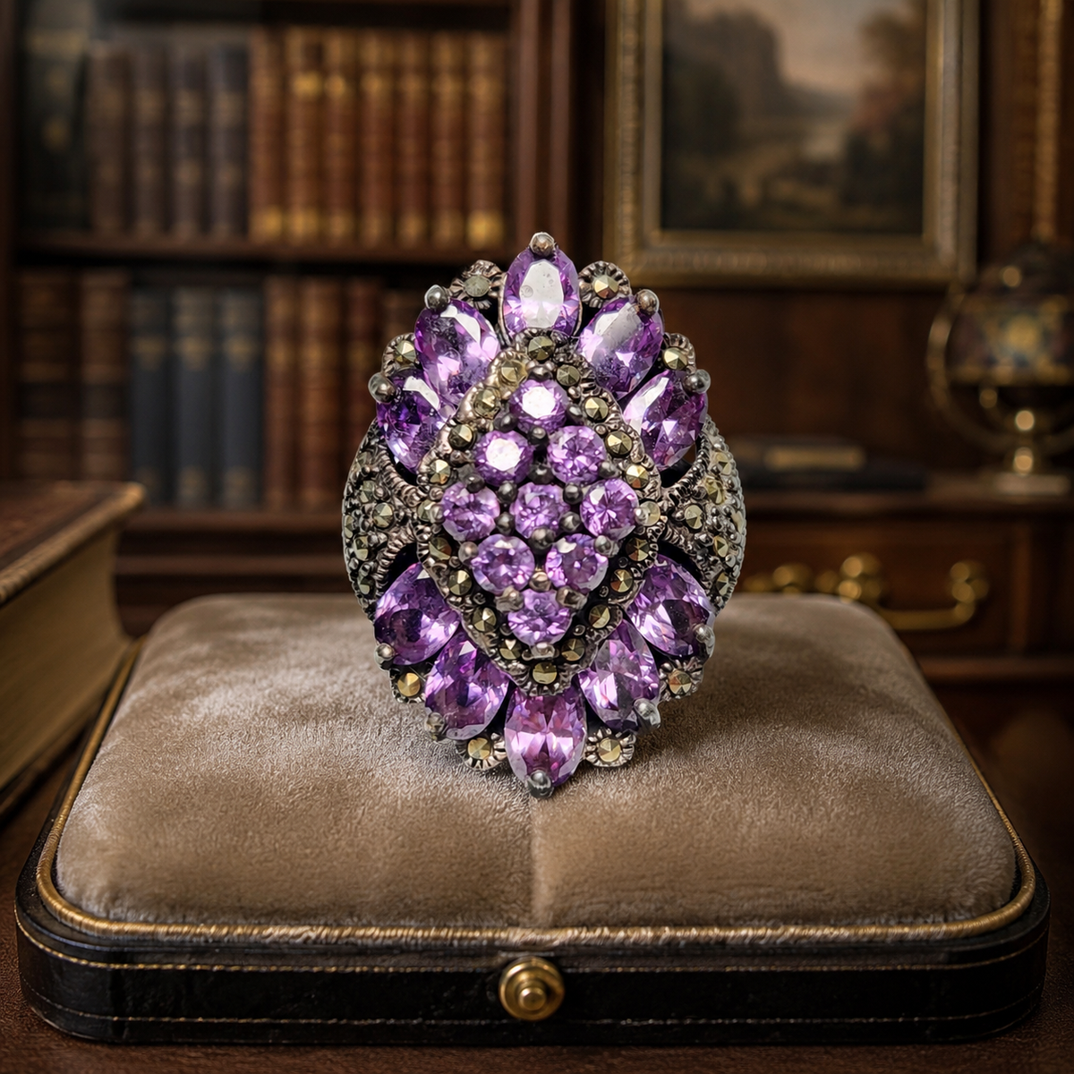 Sterling silver cocktail ring stamped 925 with purple stones and marcasite accents