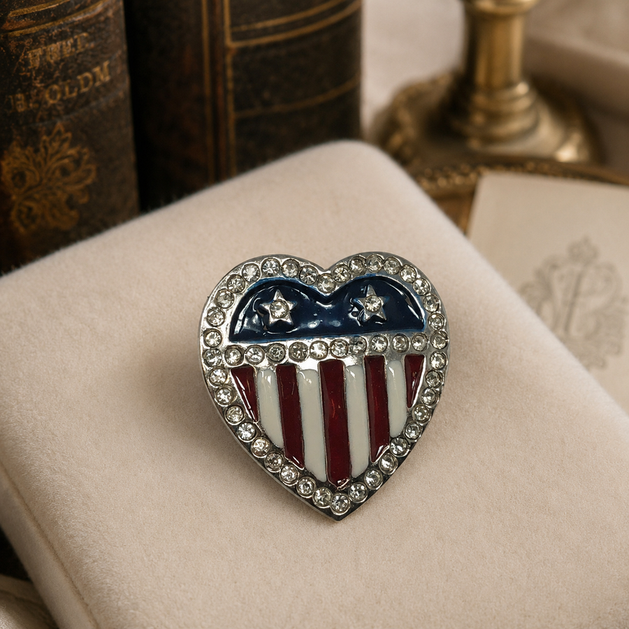 MMA Metropolitan Museum of Art enamel flag heart pin with rhinestone border