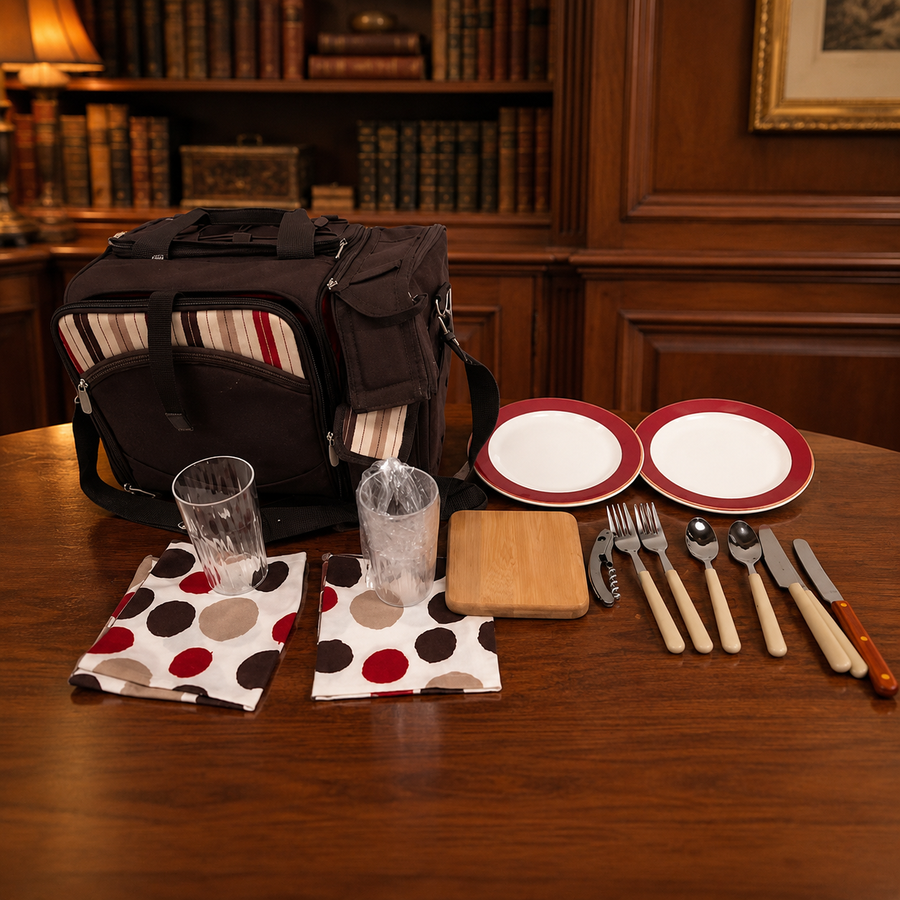 Black picnic cooler tote with red, white and black picnic service pieces