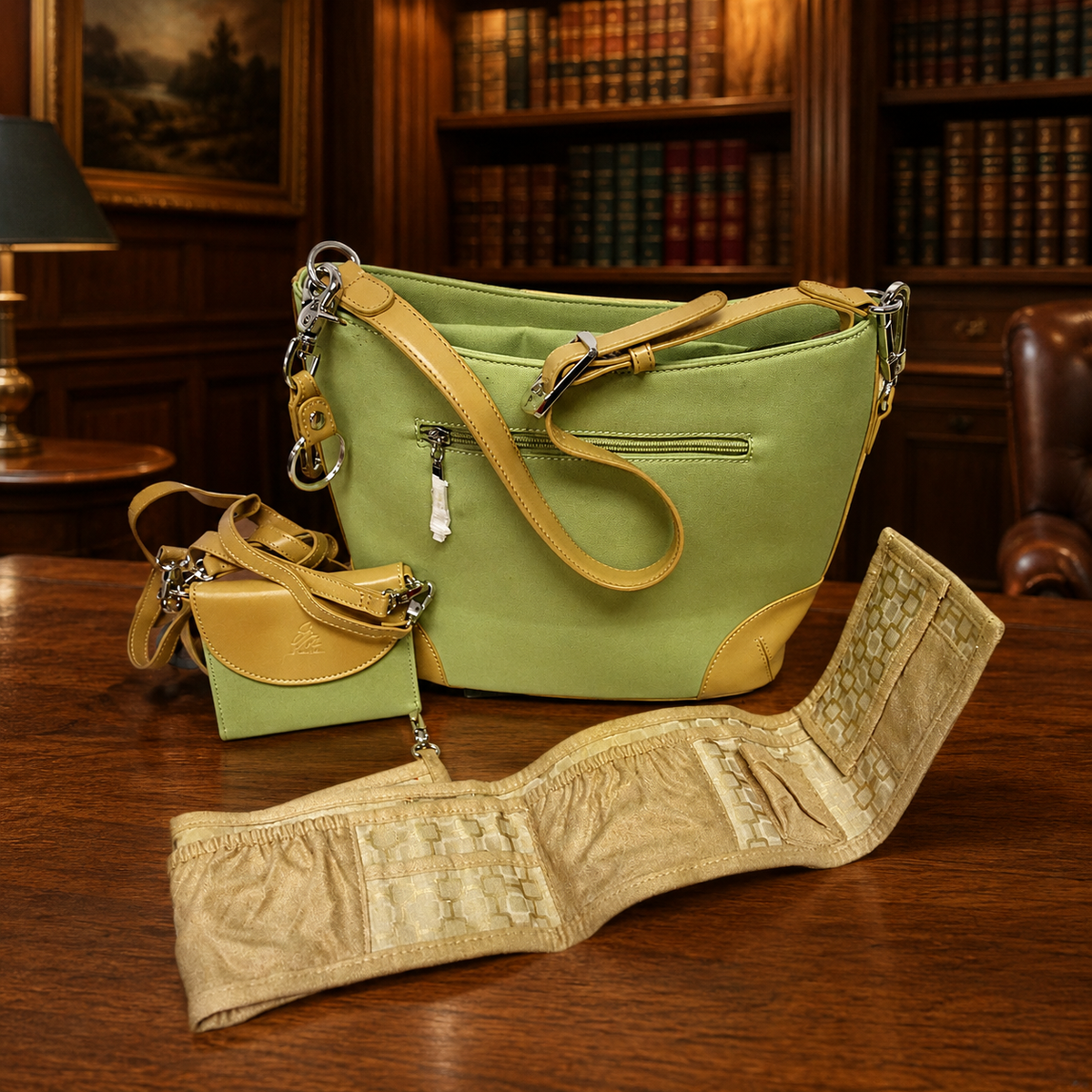 Soft green shoulder bag with tan accents, gold-tone hardware and coordinating pouch