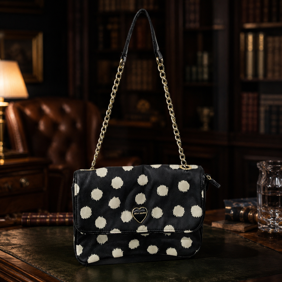 Black shoulder bag with large polka dots and gold-tone chain strap