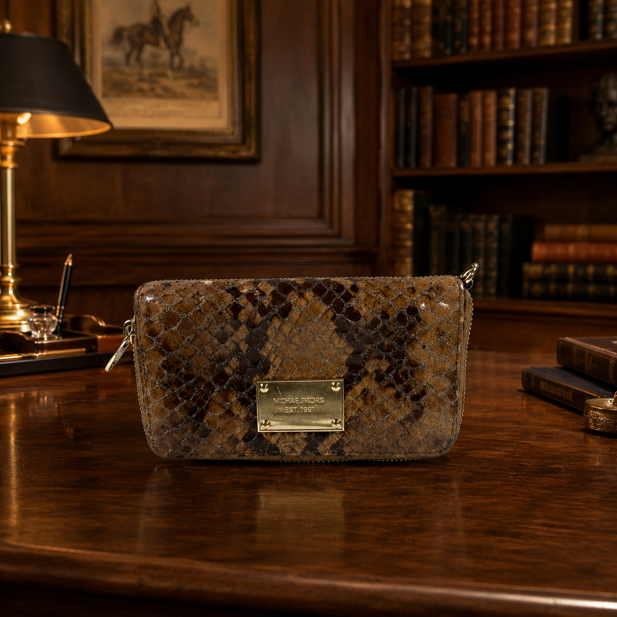 Brown snake print zip around wallet