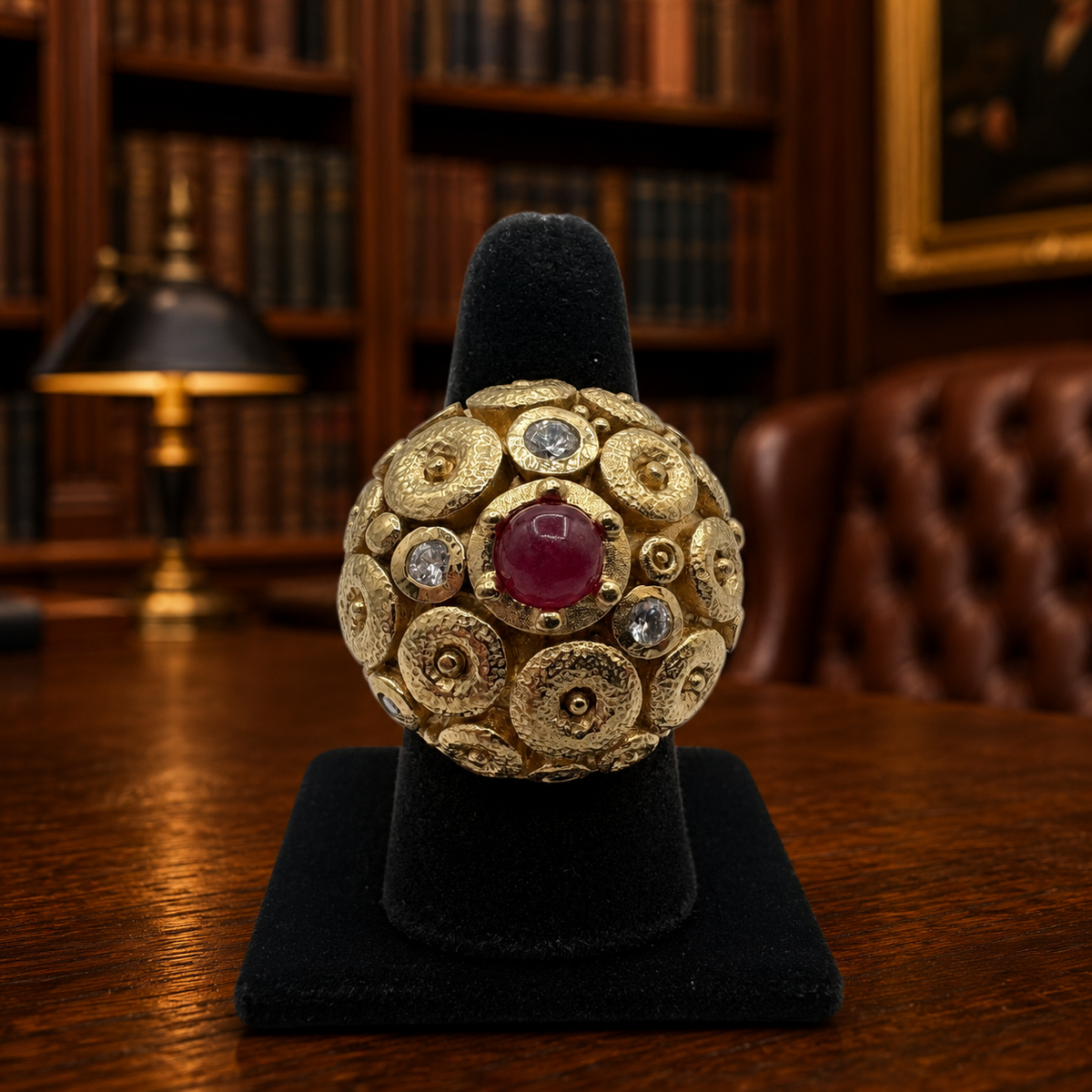 Gold-tone domed statement ring with red cabochon center and cubic zirconia accents