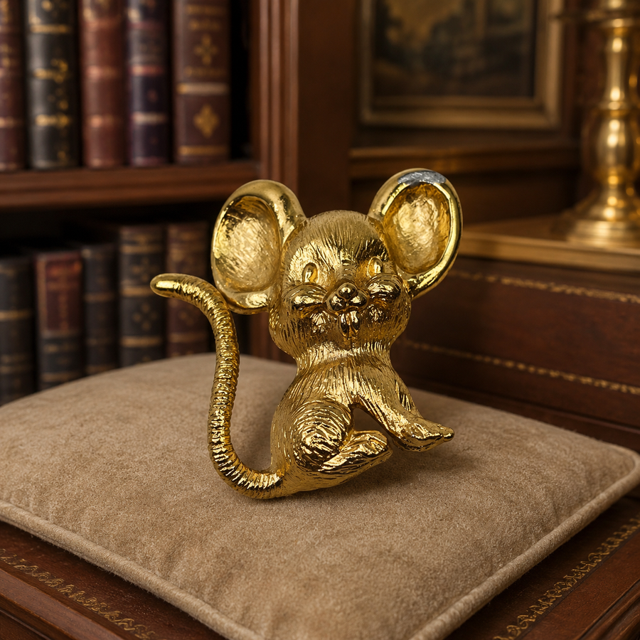 Gold-tone textured mouse brooch