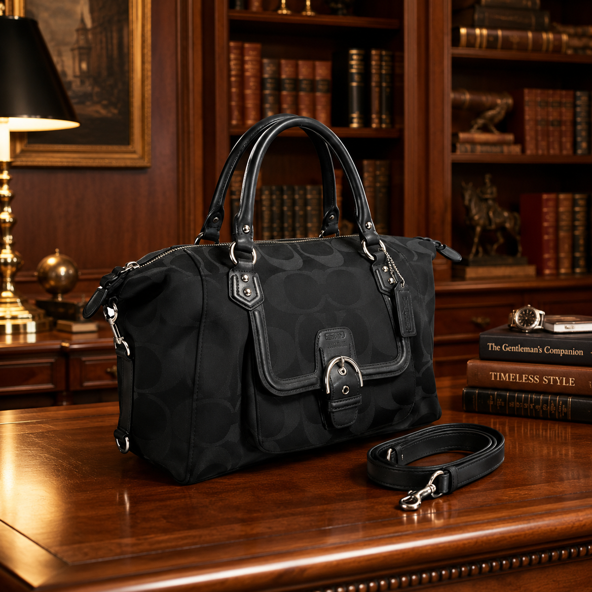 Black satin C pattern satchel with leather trim, double handles and shoulder strap