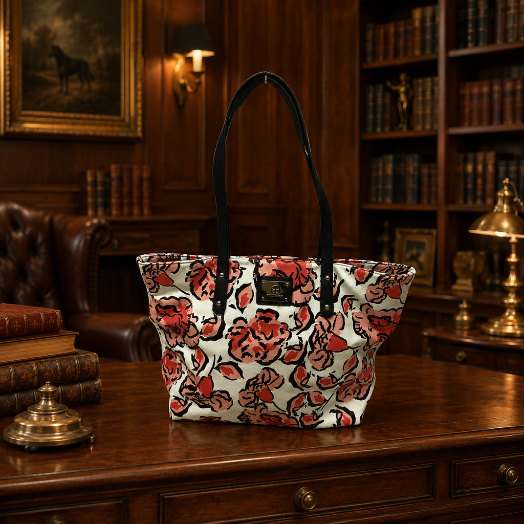 Giani Bernini White Black Faux Leather Pink Floral Mag Snap Shopper Tote Purse