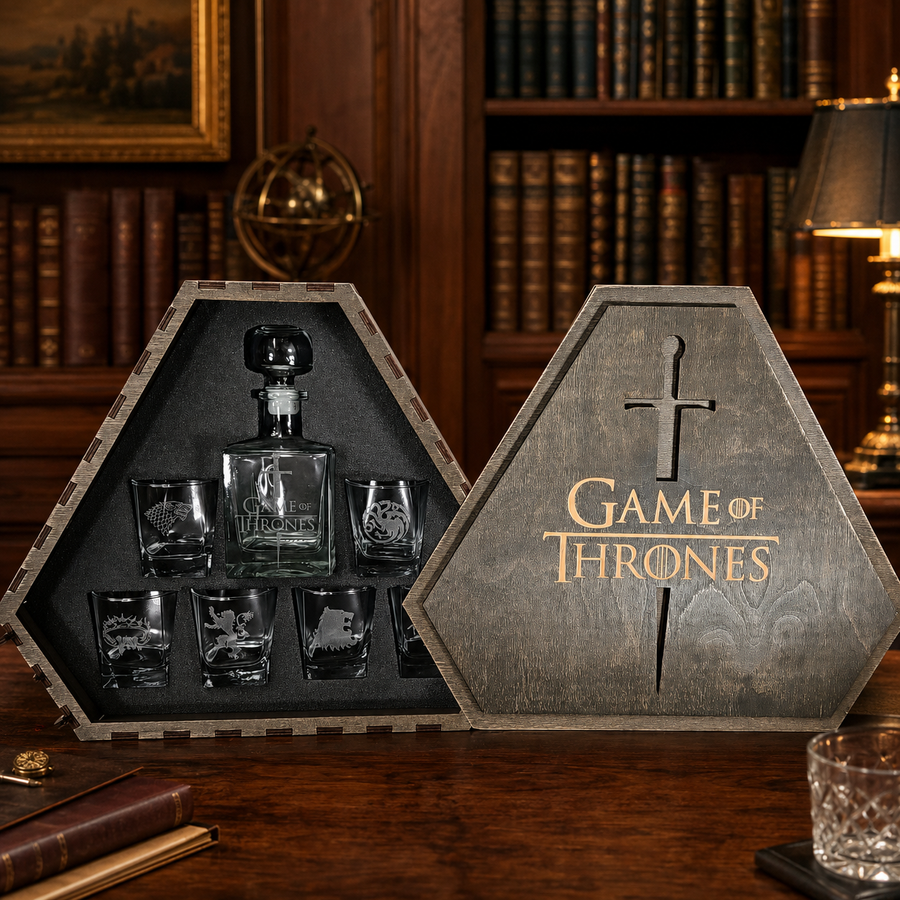 Game of Thrones Glassware Set Decanter & 6 Shot Glasses with Wooden Box