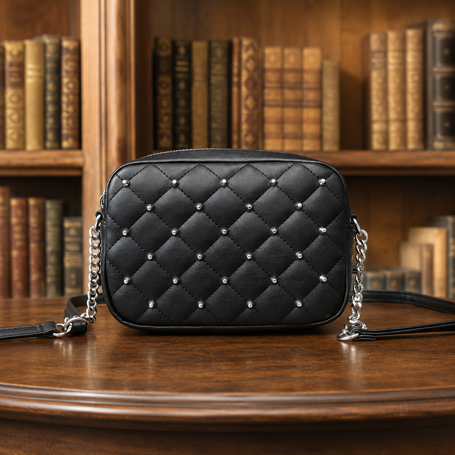 Black diamond quilted studded top zip crossbody bag with chain strap