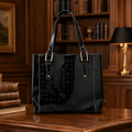 Arcadia Black Patent Leather Shoulder Bag, Embossed Designer Tote with Interior Pockets