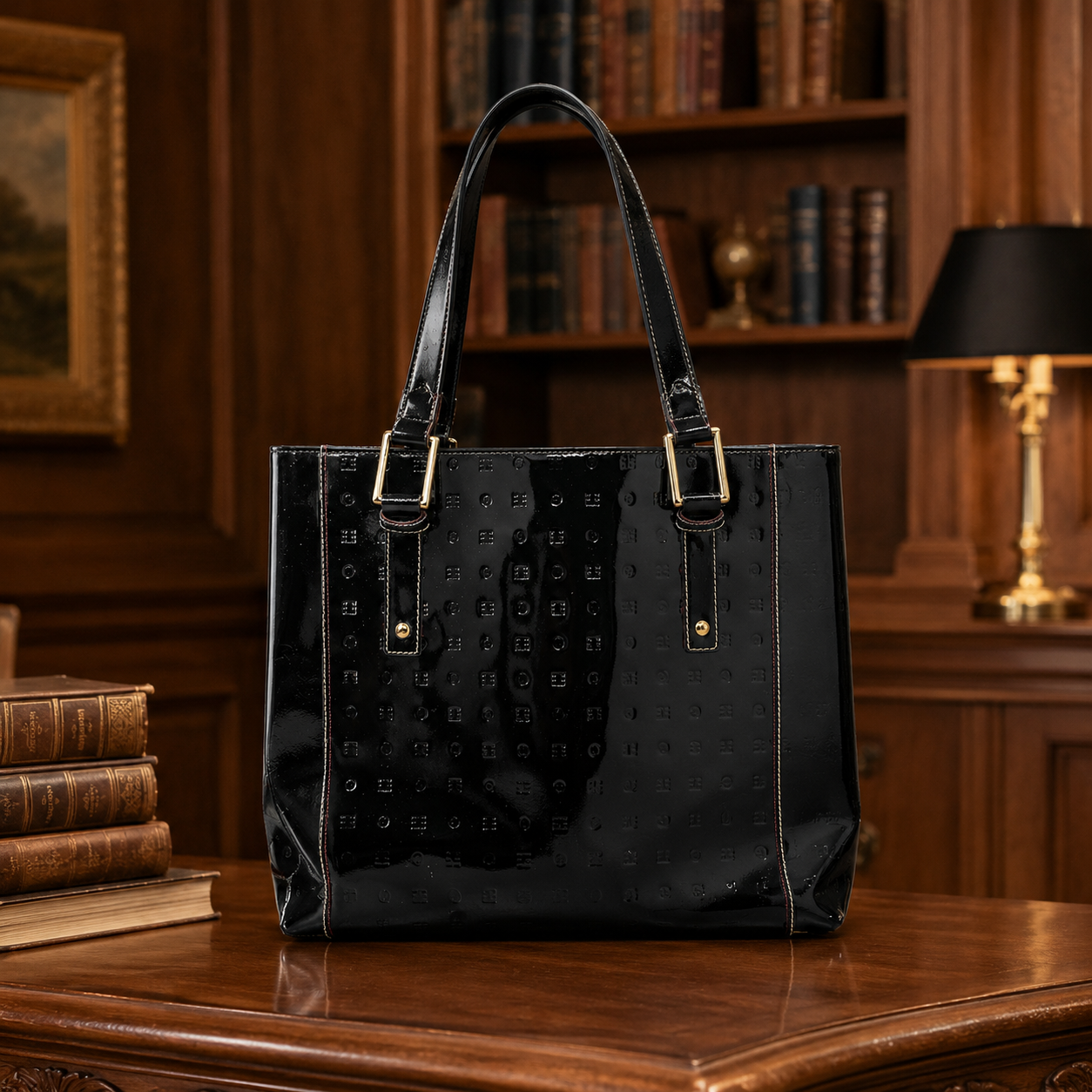 Arcadia Black Patent Leather Shoulder Bag, Embossed Designer Tote with Interior Pockets