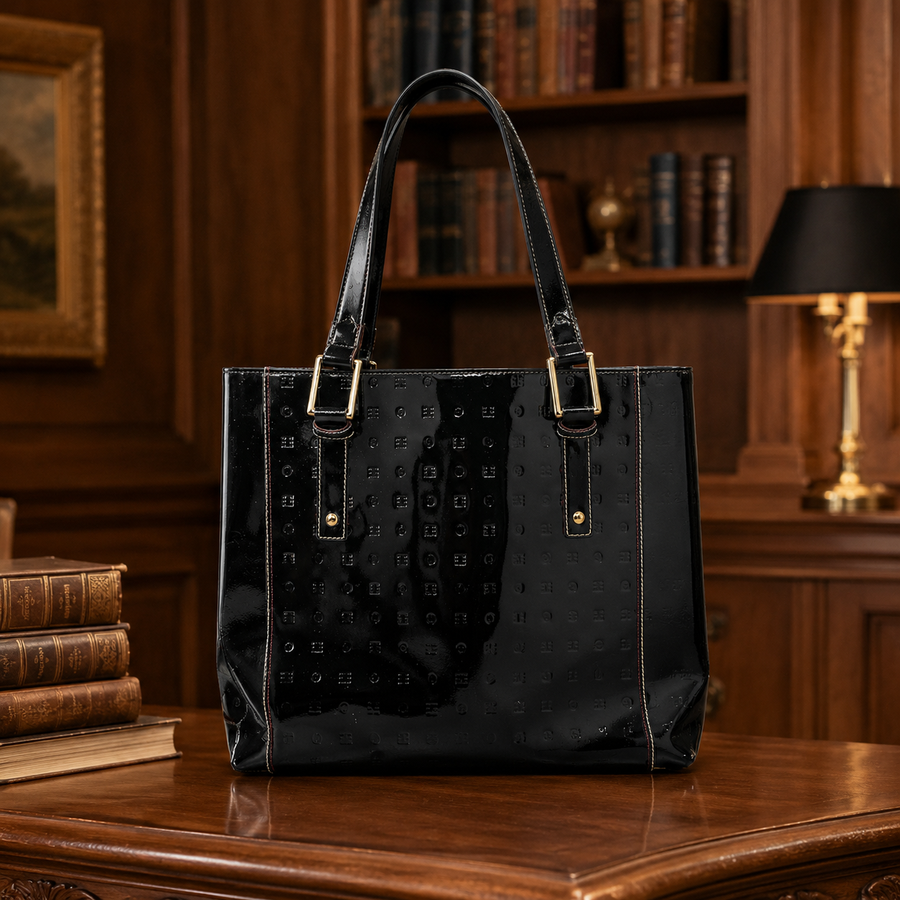 Black embossed patent leather shoulder tote with double handles