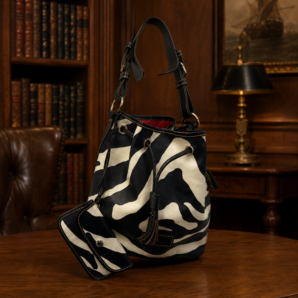 Dooney and Bourke Zebra Print Bucket Bag with Red Interior, Animal Print Shoulder Hobo Purse