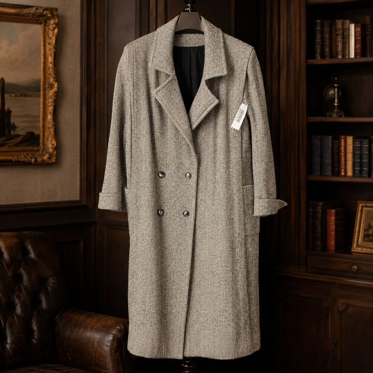 Noble Fashions men's long black and ivory herringbone overcoat with notched lapels