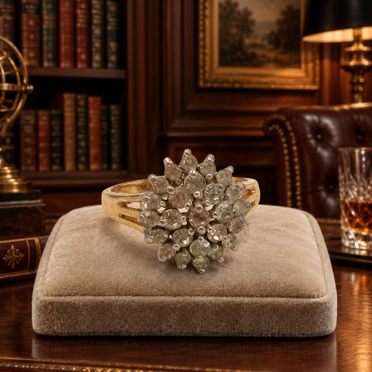 Gold-tone cocktail ring marked 18KGE with clear stone cluster top
