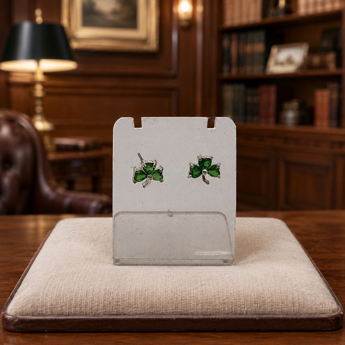 AGE REVIEW Silver Tone Green CZ Clover Earrings