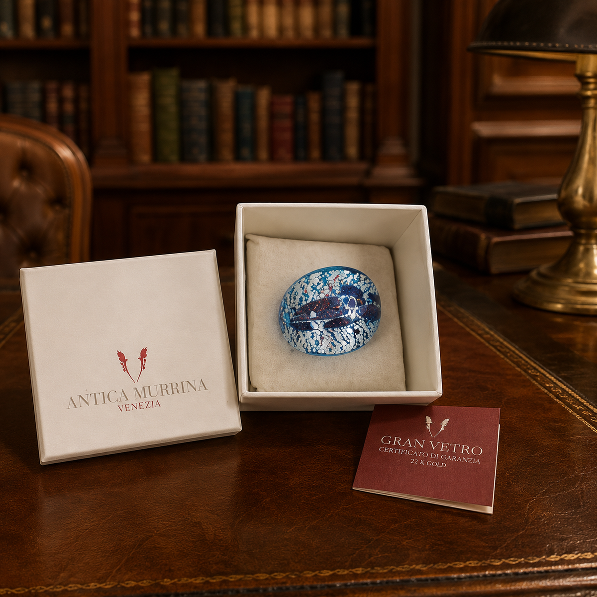 Blue swirled art glass statement ring with Antica Murrina Venezia box