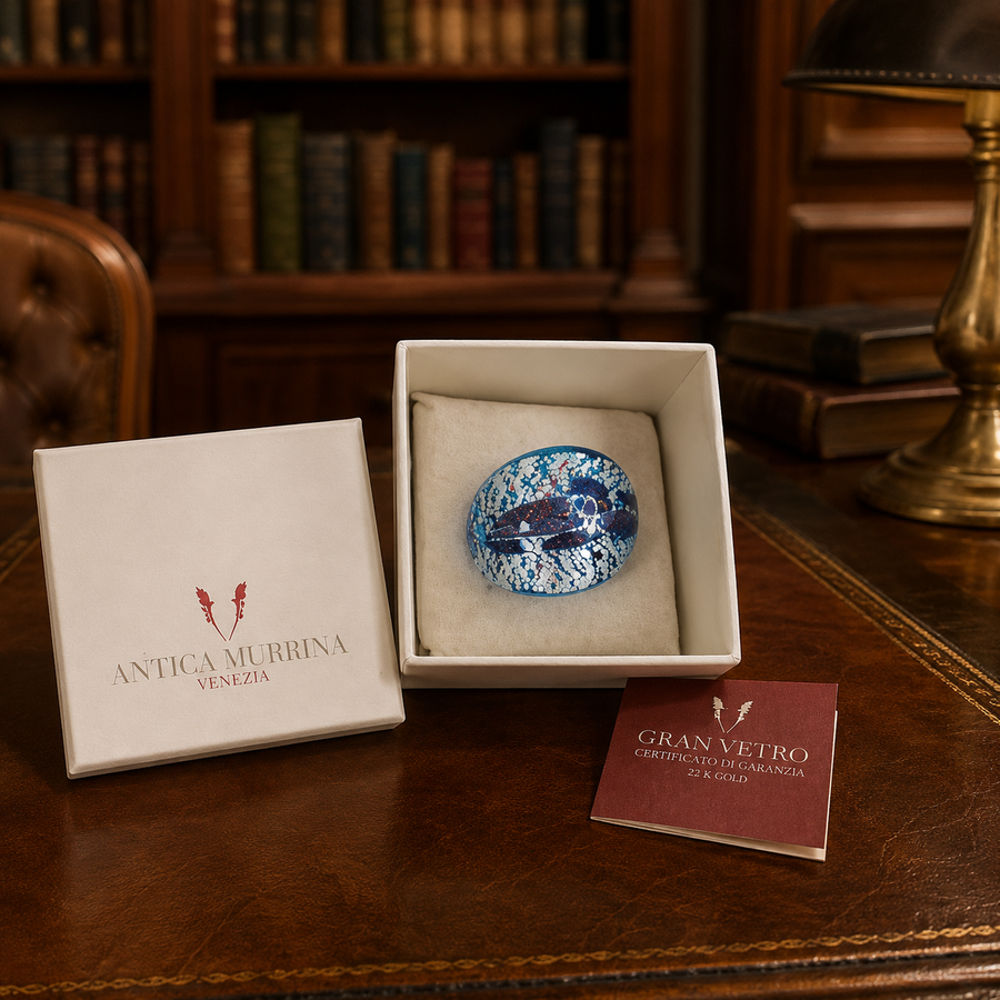 Blue swirled art glass statement ring with Antica Murrina Venezia box