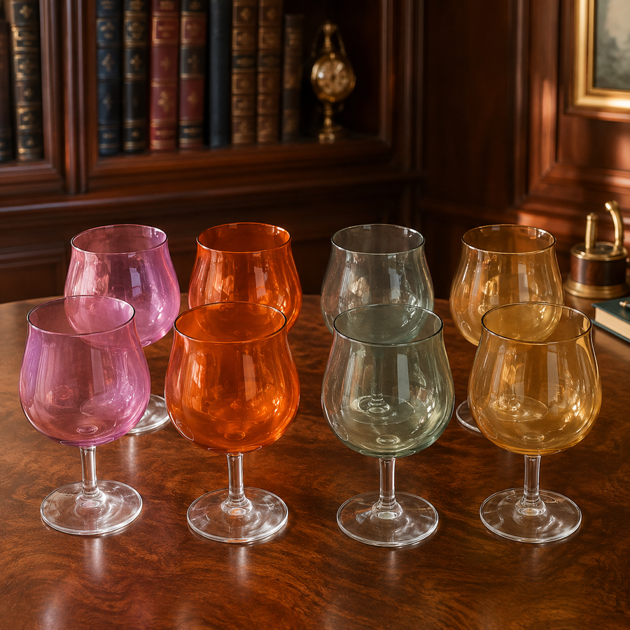 Eight long-stem wine glasses with green, orange, purple and red bowls and clear stems