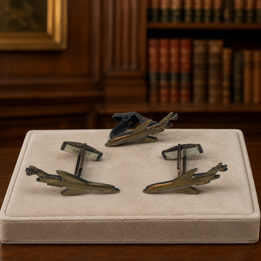 Bronze-tone airplane cufflinks and matching tie clip set