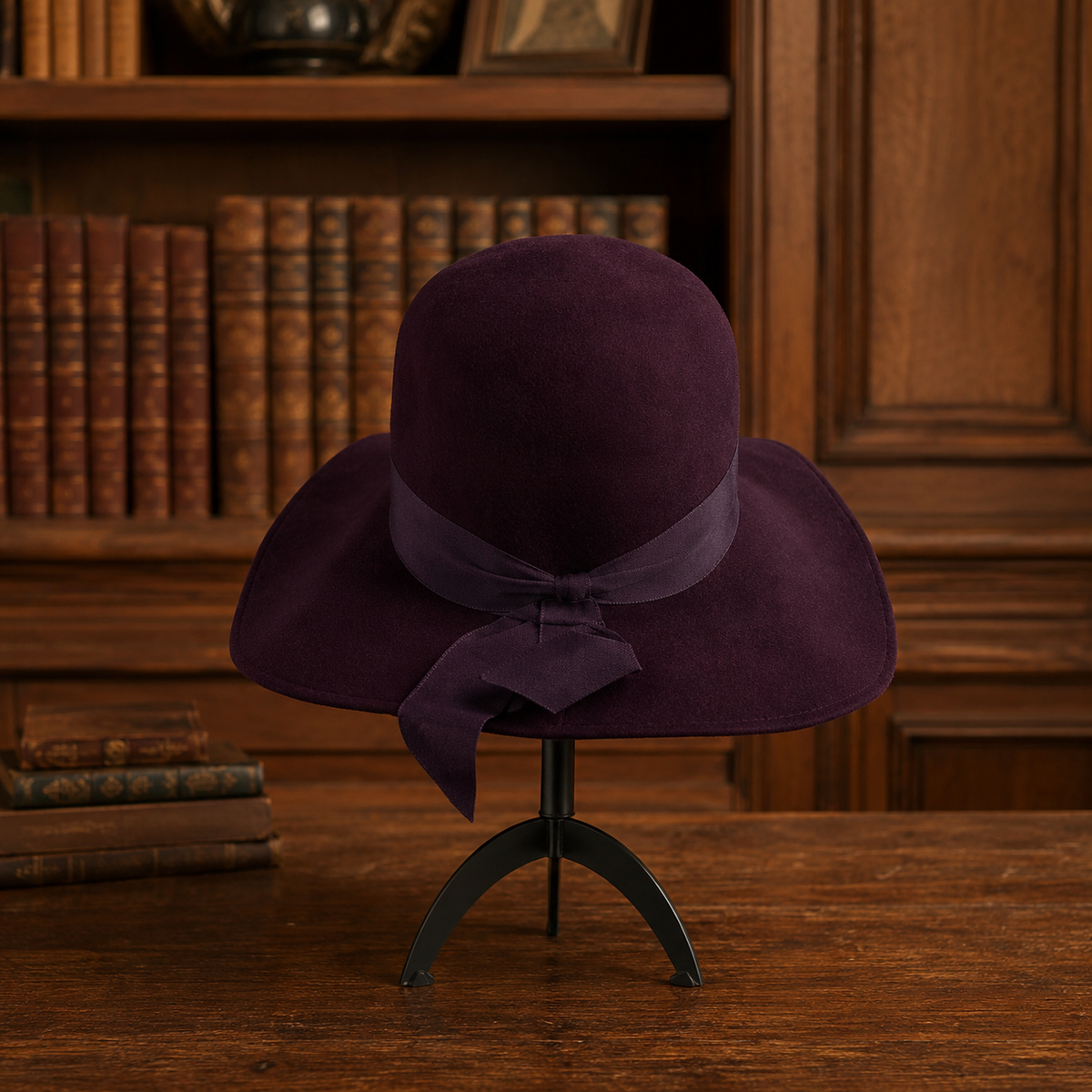 Purple wide brim hat with tonal bow and gold-tone buckle