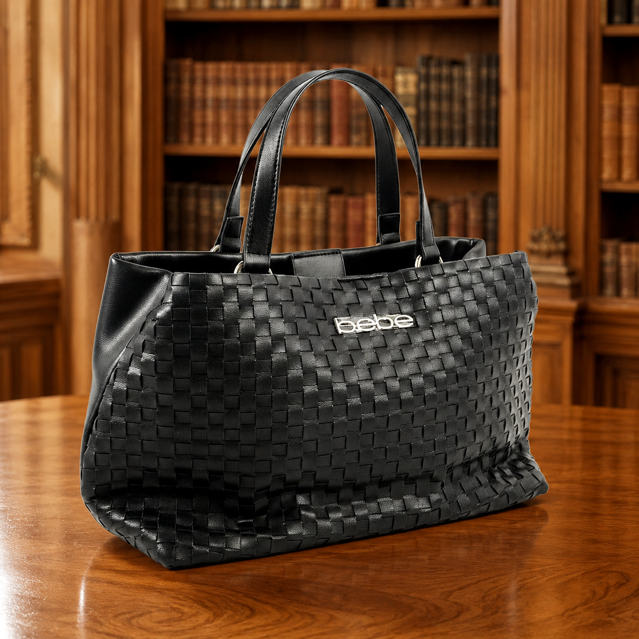bebe Yara Woven Black Satchel Handbag 14 x 8 x 4 | Structured Logo Carryall