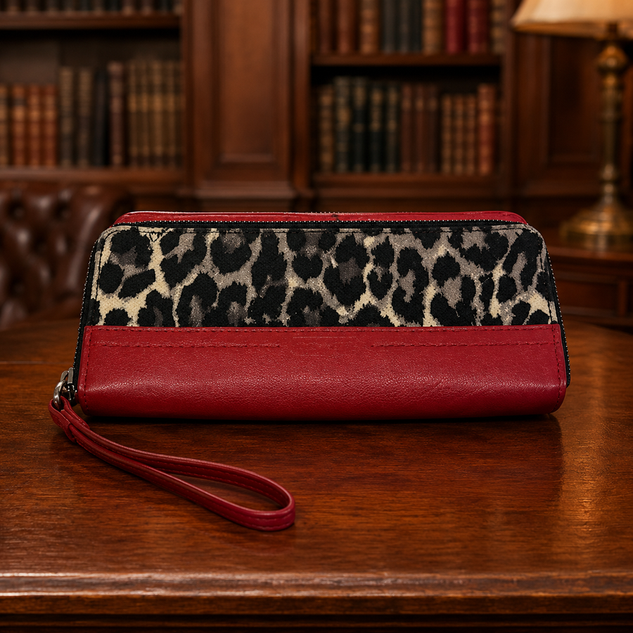 Coach red leather and leopard print zip-around wristlet wallet