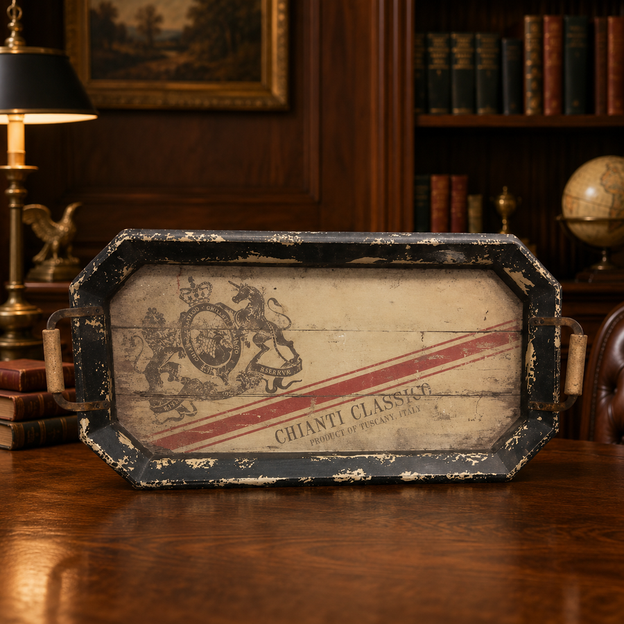 Rustic distressed Chianti Classico double handle serving tray with dark painted border