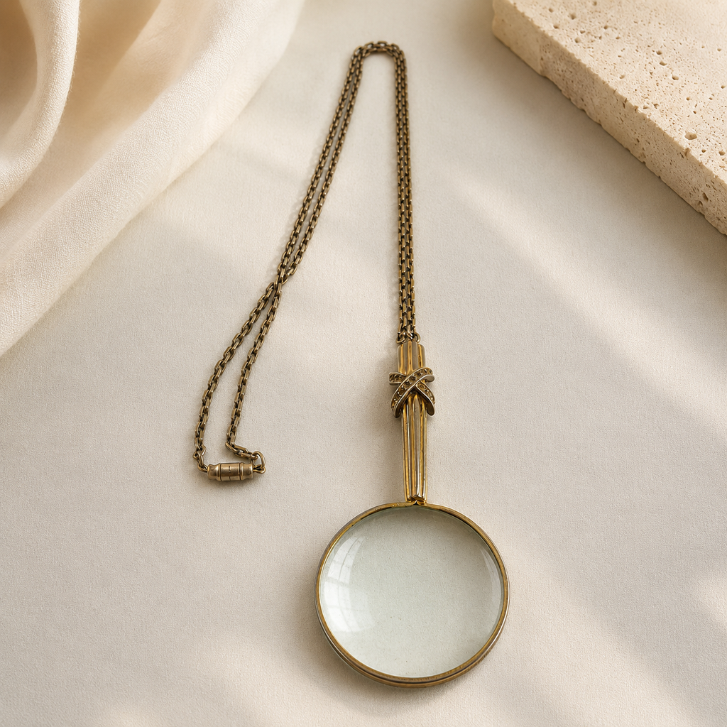 Vintage Rhinestone Magnifying Glass Pendant Necklace, 30 in. Long