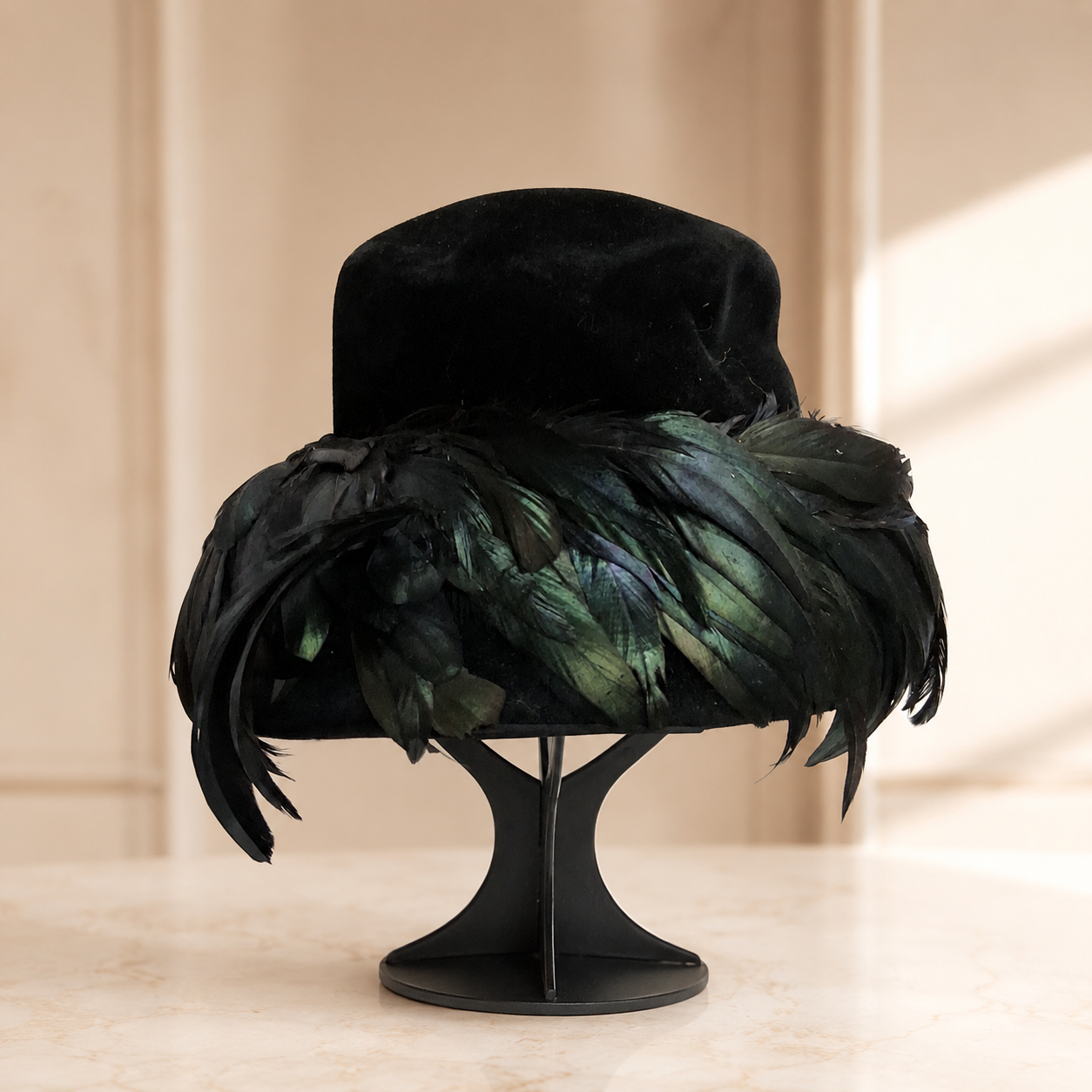 (SOLD) Vintage Jan Leslie Custom Design Black Velvet Hat with Feather Trim