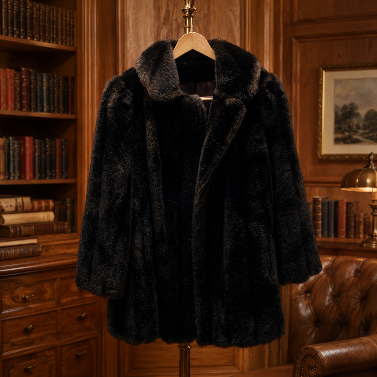 Tissavel black mid-length winter coat with plush acrylic pile collar
