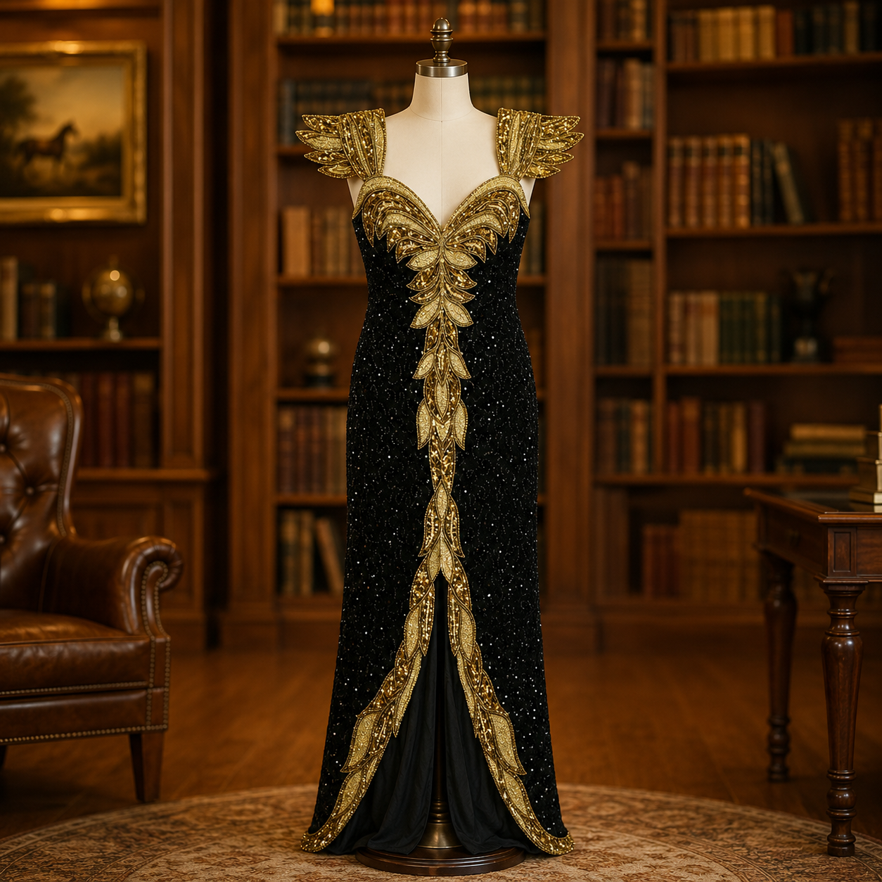 Anjuman Vintage Black Silk Beaded Evening Dress, 1980s/90s Gold Embellished Formal Gown