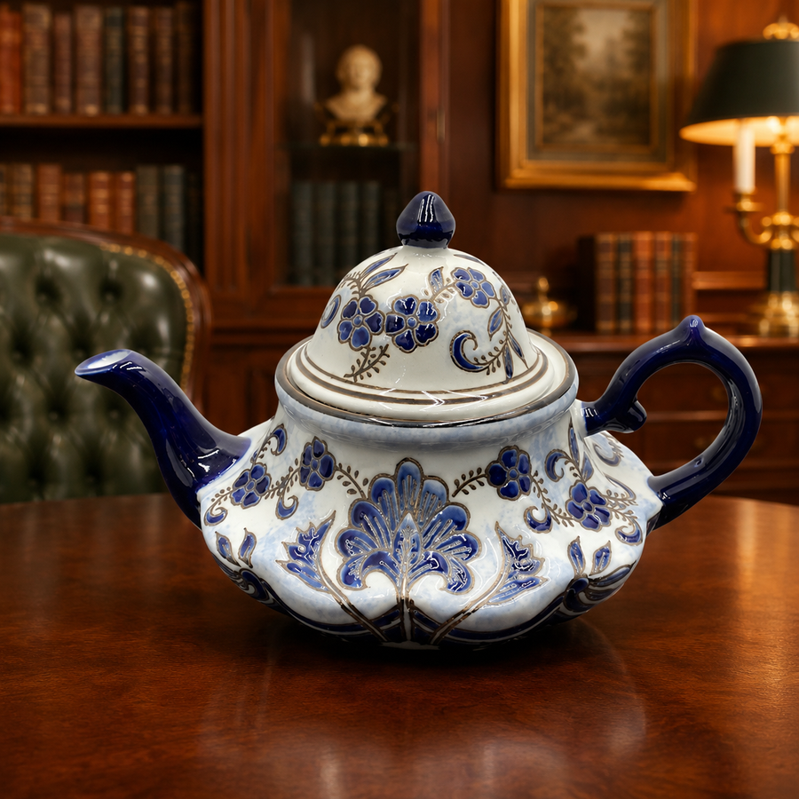White ceramic teapot with cobalt blue floral and scroll decoration and finial lid