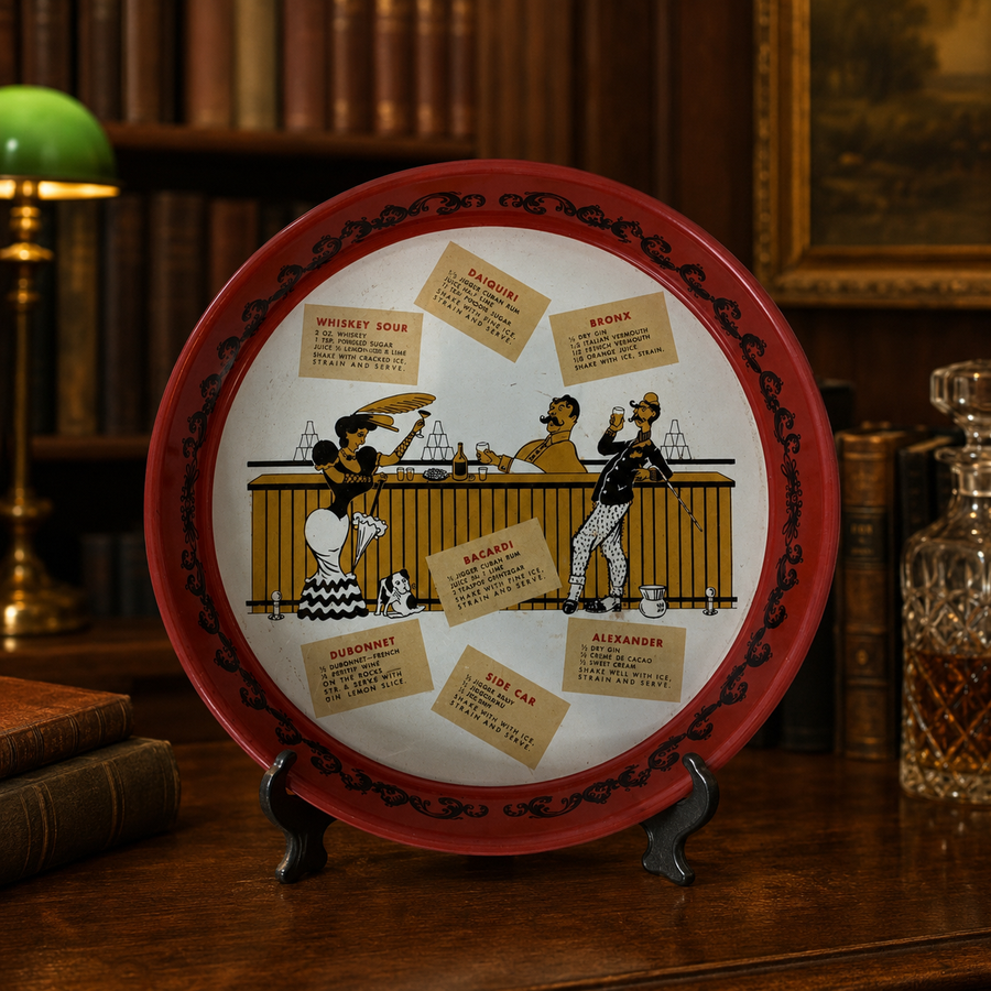 Round red metal cocktail tray with bar scene and printed classic cocktail recipes