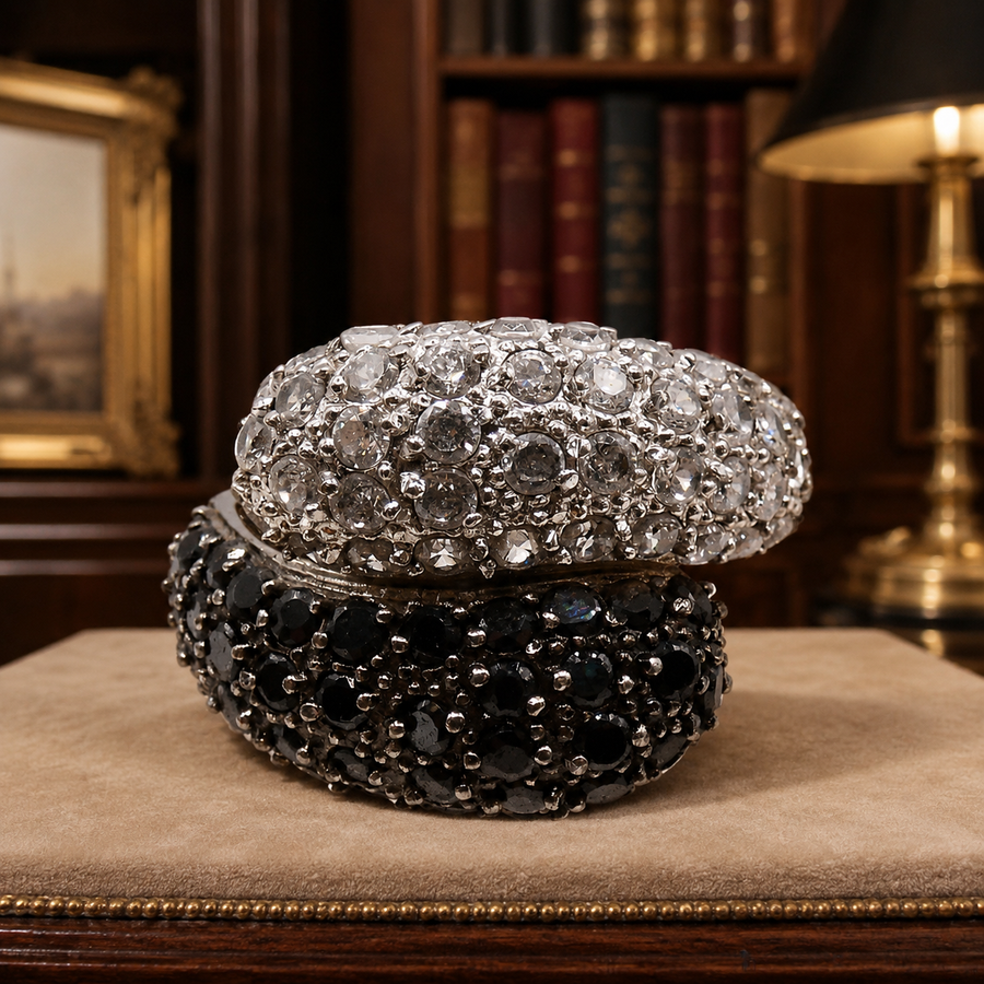 Silver wrap band ring with white, dark blue and black cubic zirconia pavé