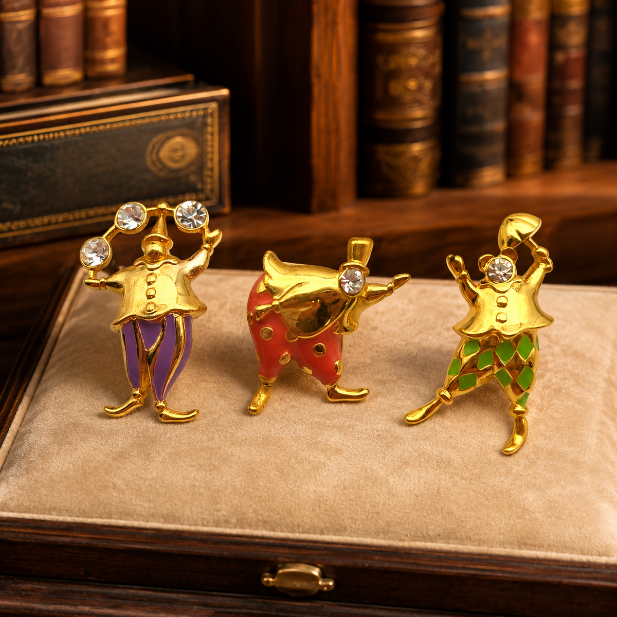 Three signed Trifari gold-tone enamel clown brooches with rhinestone accents