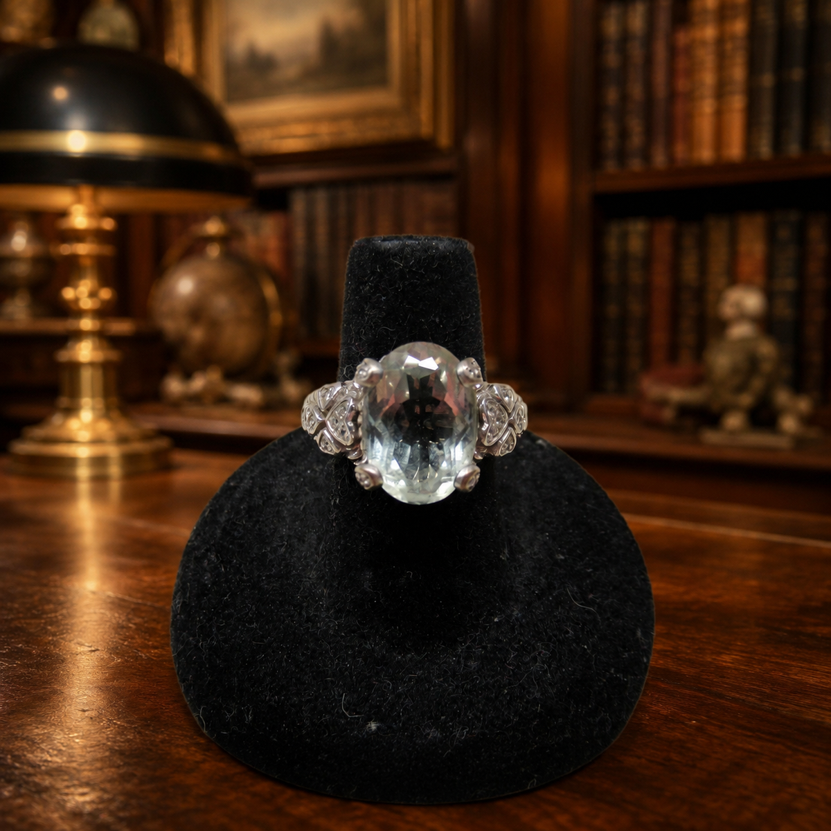 Silver ring with light green cubic zirconia stone