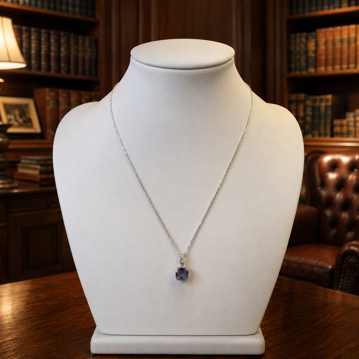 Silver-tone pendant necklace with faceted purple crystal drop on fine chain