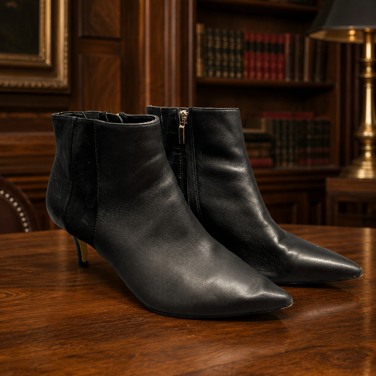 White House Black Market black pointed-toe kitten heel ankle boots with side zip