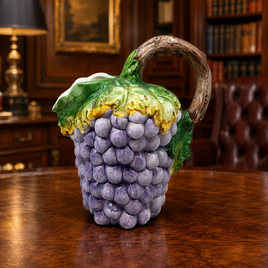 Bassano Italy purple grape cluster ceramic pitcher with green leaves and brown vine handle
