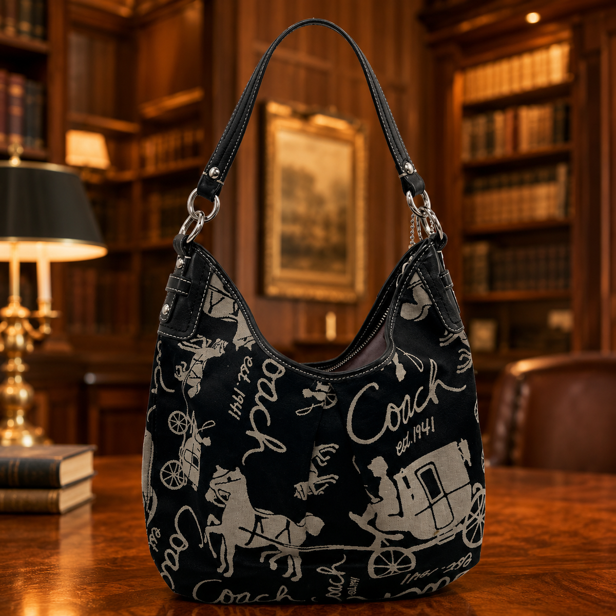 Coach black Horse and Carriage print hobo bag with leather trim