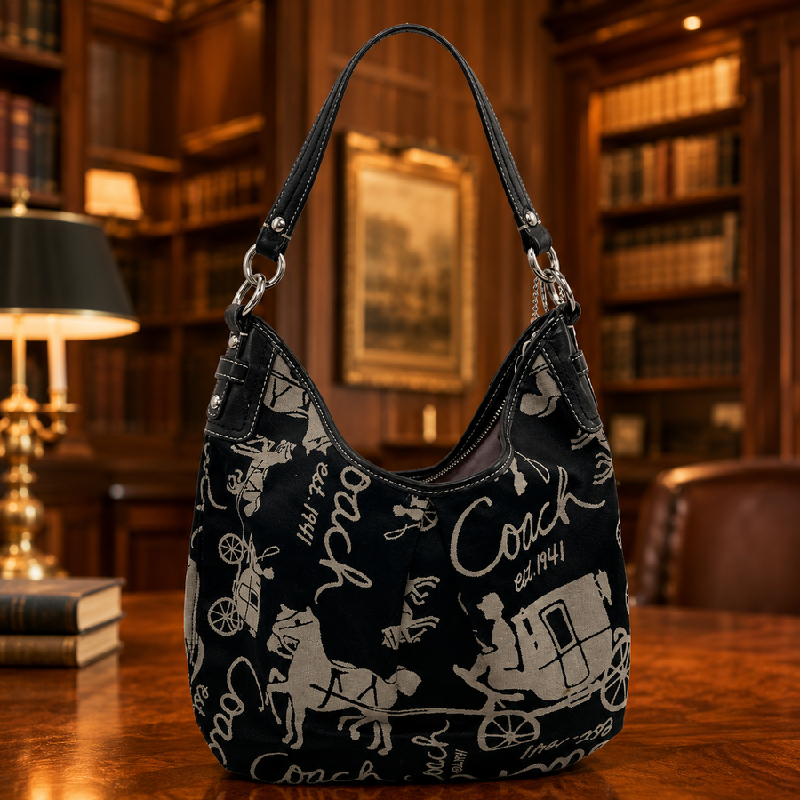 Coach black Horse and Carriage print hobo bag with leather trim