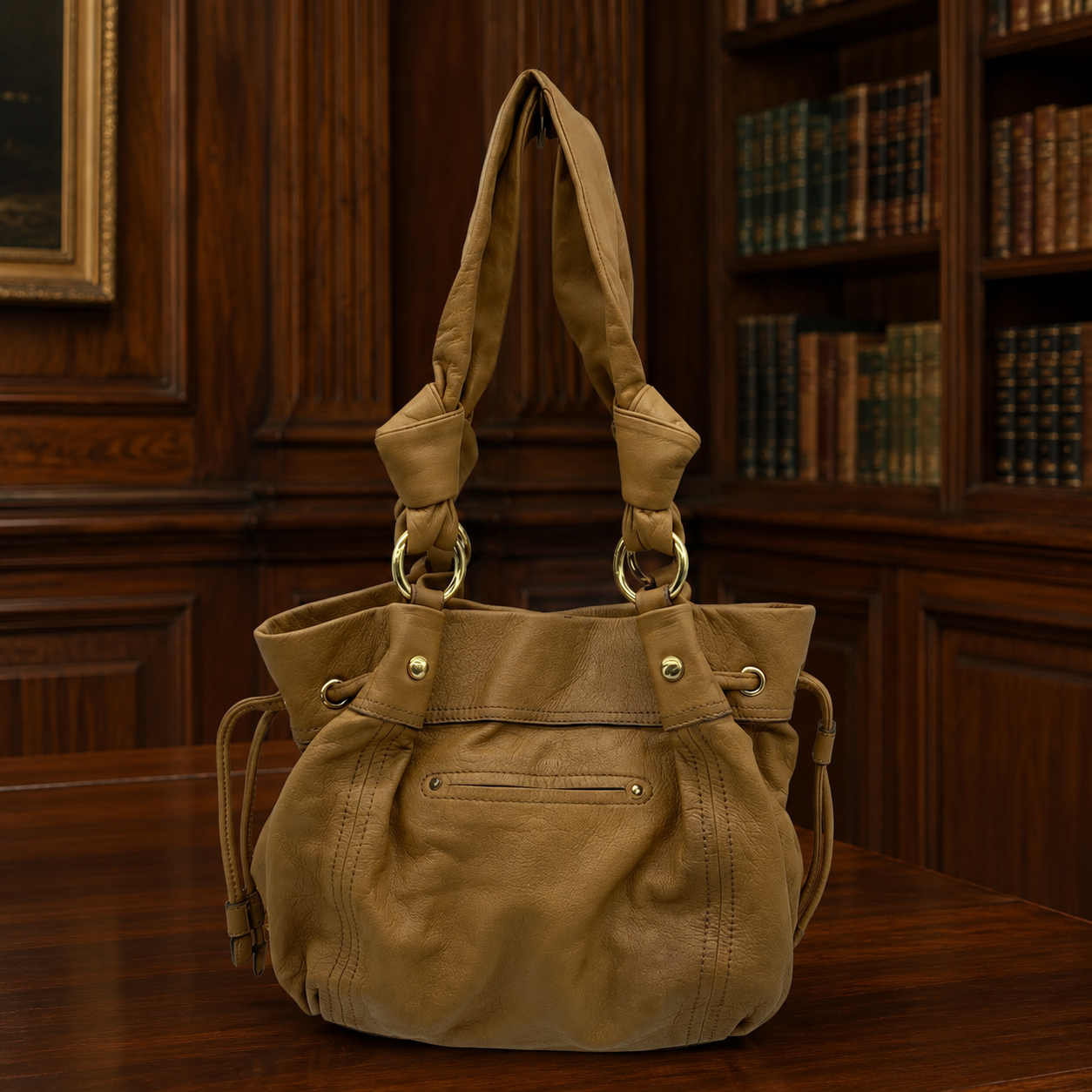 B. Makowsky Tan Leather Hobo Shoulder Bag with Leopard Lining