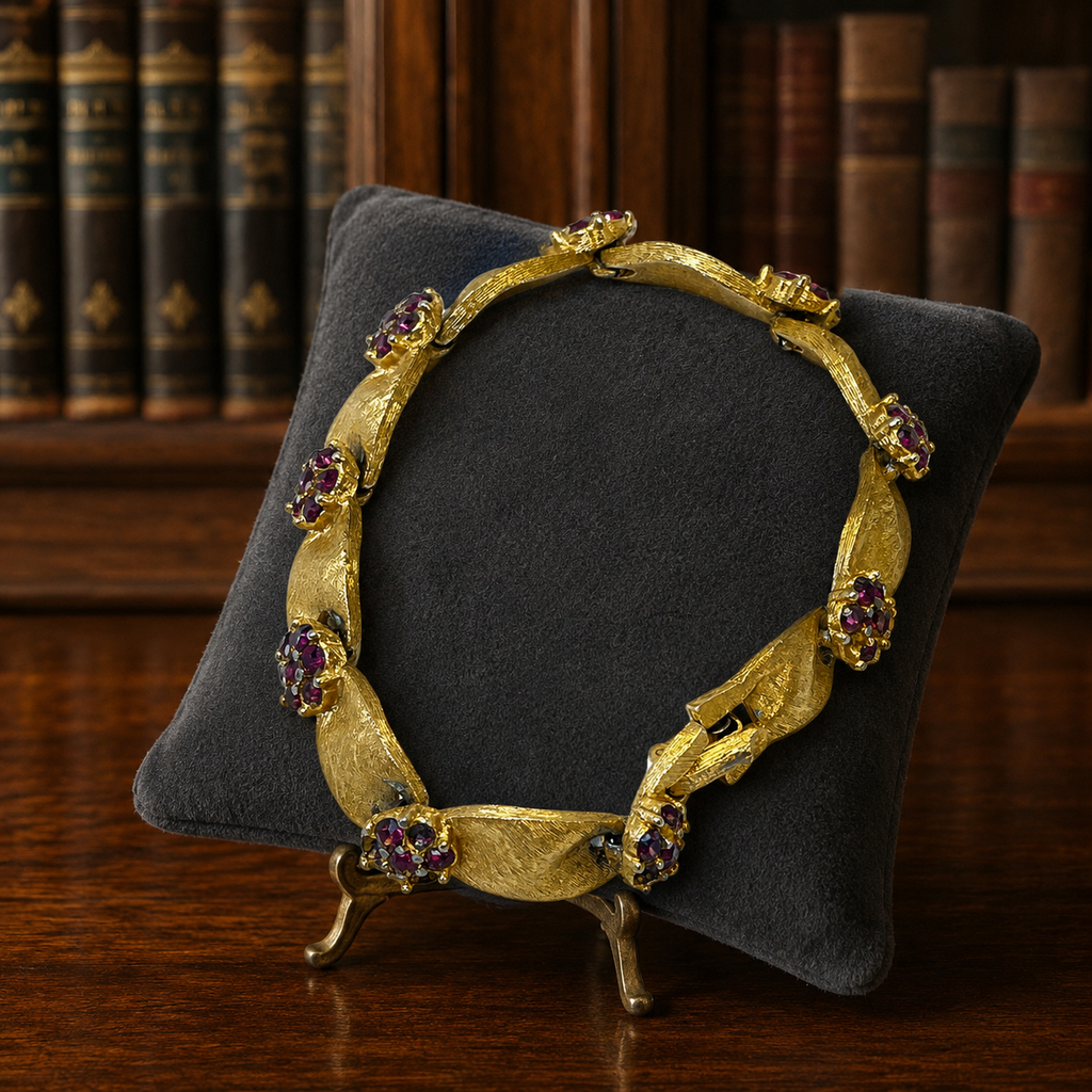 Signed Crown Trifari Gold Tone Purple Rhinestone Flower Bracelet 22g