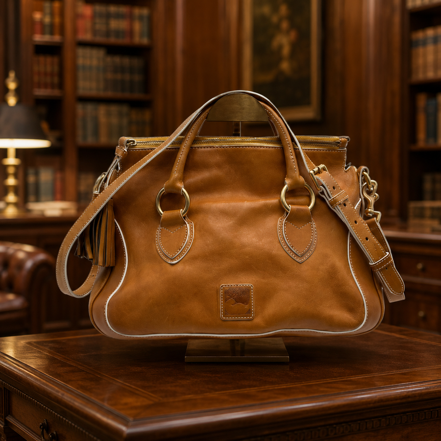 Dooney and Bourke caramel brown leather satchel with brass-tone hardware and rolled handles