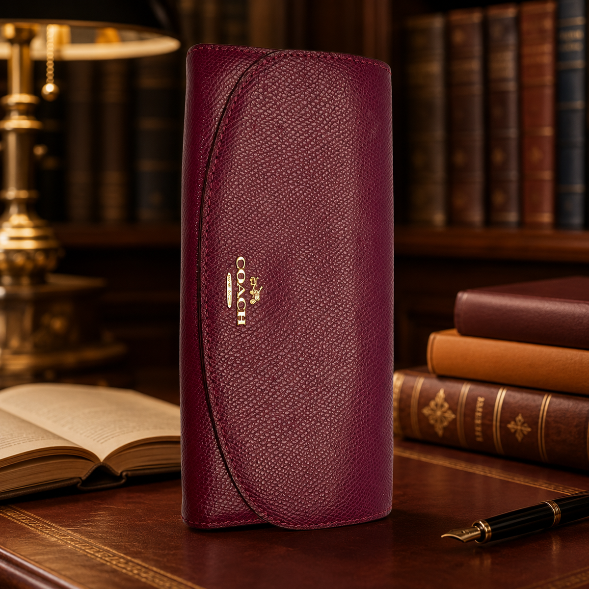 Coach burgundy leather snap flap wallet with gold-tone hardware and floral print interior