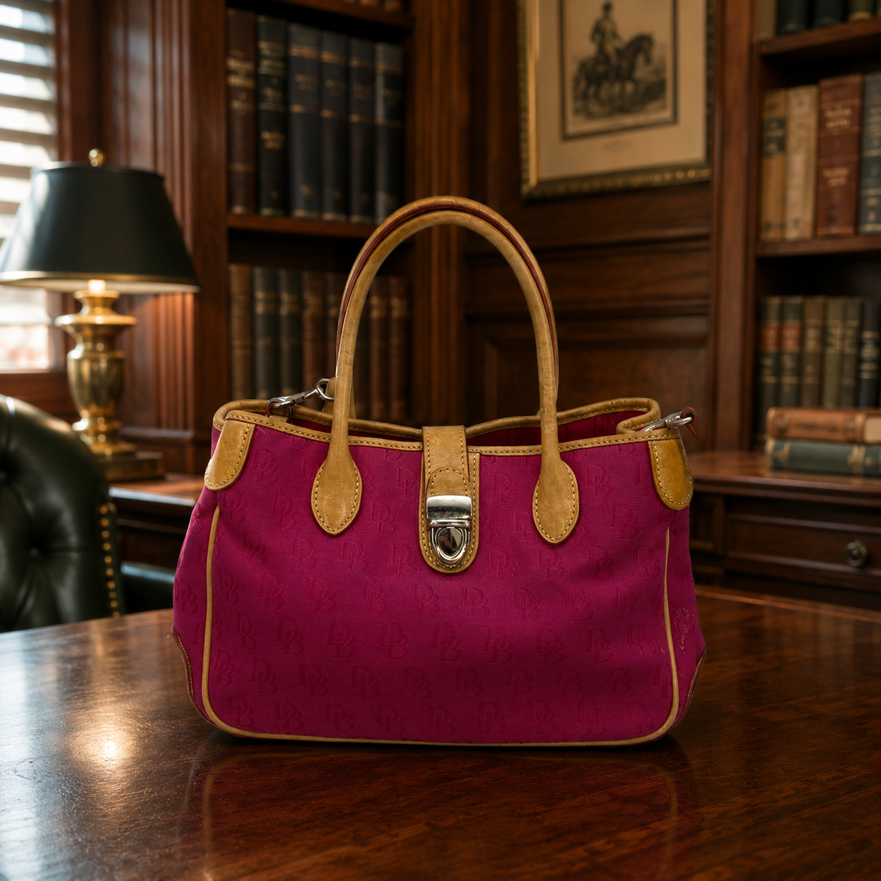 Dooney and Bourke Pink Canvas Satchel Bag with Tan Leather Trim, Top Handle Designer Purse
